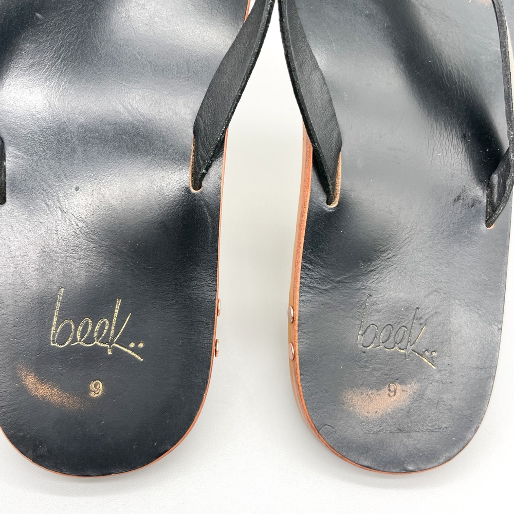 Beek Seabird Leather Flip Flop Sandals Womens 9 Black Metallic Gold Thong Flats - Picture 10 of 11